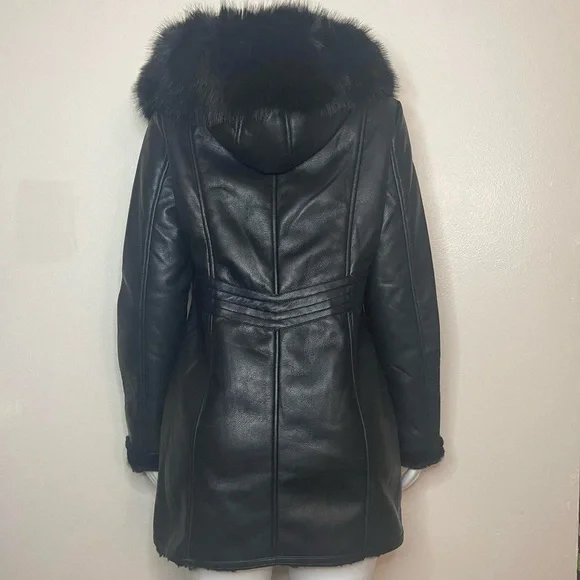 Black PU leather long jacket with sherpa lining removable faux fur on hoodie - Picture 3 of 14